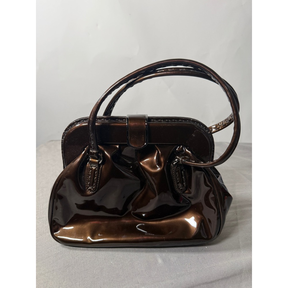 Giorgio Armani Metallic Bronze Patent Leather‎ Frame Handbag Brown Slouchy Bag